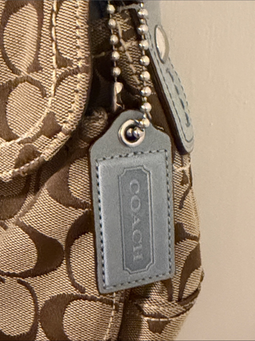 Coach soho flap Tan Signature Canvas Shoulder Bag with Light Blue Trim vintage - Picture 6 of 8
